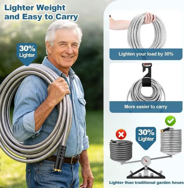 Alt view image 4 of 7 - Garden Hose Metal 100FT, Stainless Steel Heavy Duty Water Hose With 10 Function Nozzle, No-Kink, Tough & Flexible, Sturdy and Lightweight, Rust Proof for Yard, Outdoor, RV