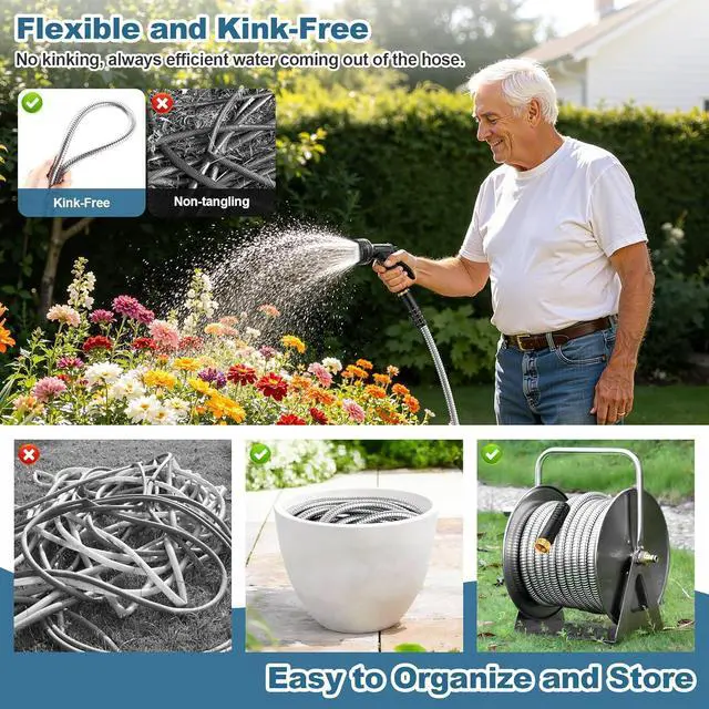 Alt view image 6 of 7 - Garden Hose Metal 100FT, Stainless Steel Heavy Duty Water Hose With 10 Function Nozzle, No-Kink, Tough & Flexible, Sturdy and Lightweight, Rust Proof for Yard, Outdoor, RV