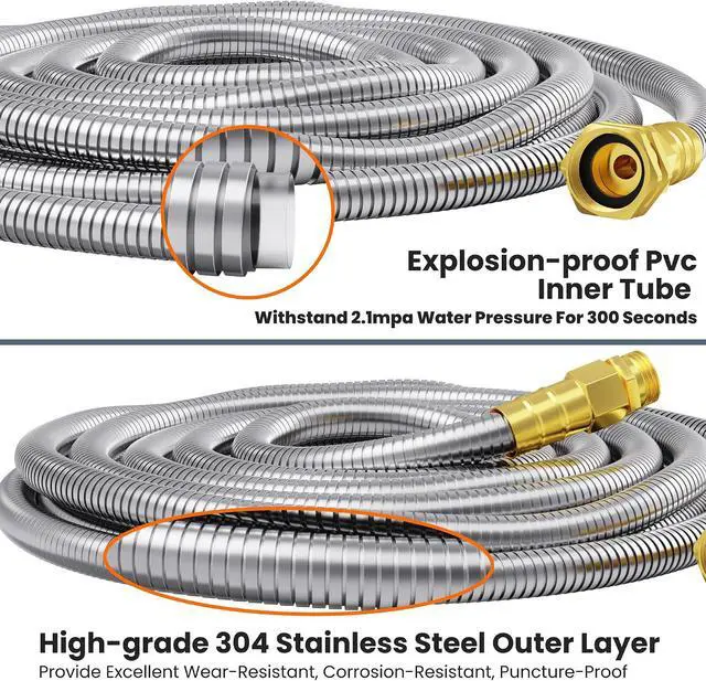 Alt view image 2 of 7 - Giraffe Tools Garden Hose 100ft x 5/8", 304 Stainless Steel Metal Water Hose, No Kink Garden Water Hose with 9 Pattern Spray Nozzle, Flexible, Lightweight, Kink Free Hose for Yard, Outdoor