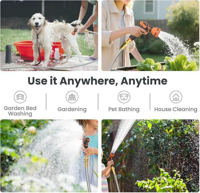 Alt view image 6 of 7 - Giraffe Tools Garden Hose 100ft x 5/8", 304 Stainless Steel Metal Water Hose, No Kink Garden Water Hose with 9 Pattern Spray Nozzle, Flexible, Lightweight, Kink Free Hose for Yard, Outdoor