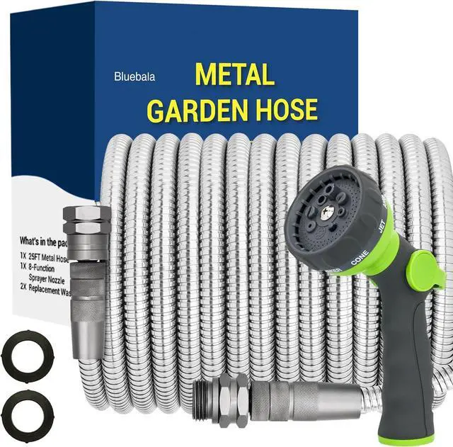 Main image of 50 FT Stainless Steel Garden Hose 304 Steel Heavy Duty Metal Hose, No-Kink, Puncture Resistant, Lightweight, Leak-Proof Swivel Fittings, 8-Pattern Nozzle for Garden, Yard, Outdoor Cleaning