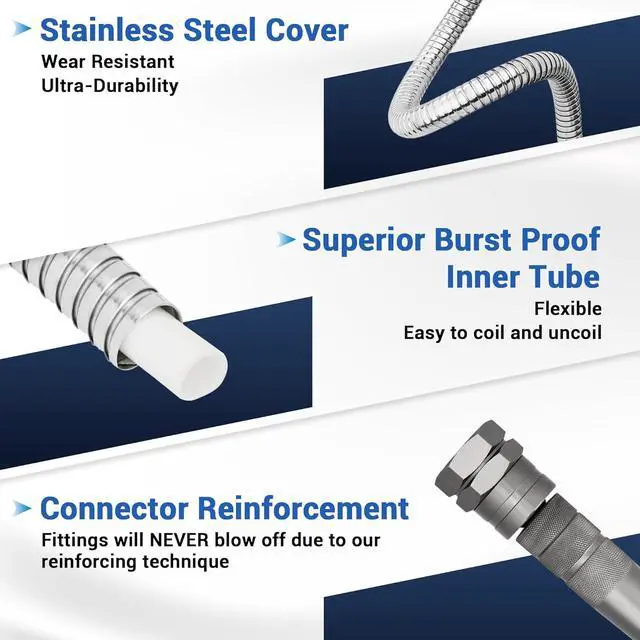 Alt view image 2 of 7 - 50 FT Stainless Steel Garden Hose 304 Steel Heavy Duty Metal Hose, No-Kink, Puncture Resistant, Lightweight, Leak-Proof Swivel Fittings, 8-Pattern Nozzle for Garden, Yard, Outdoor Cleaning