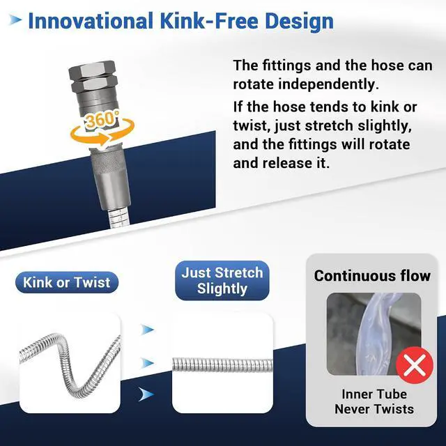 Alt view image 3 of 7 - 50 FT Stainless Steel Garden Hose 304 Steel Heavy Duty Metal Hose, No-Kink, Puncture Resistant, Lightweight, Leak-Proof Swivel Fittings, 8-Pattern Nozzle for Garden, Yard, Outdoor Cleaning