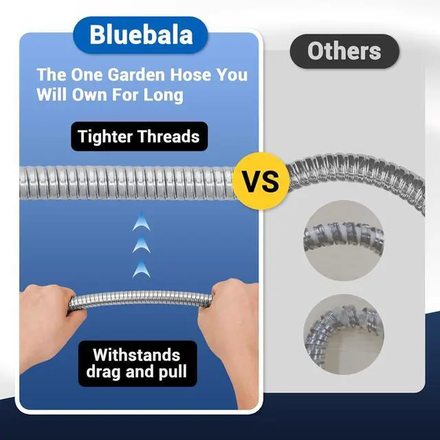Alt view image 4 of 7 - 50 FT Stainless Steel Garden Hose 304 Steel Heavy Duty Metal Hose, No-Kink, Puncture Resistant, Lightweight, Leak-Proof Swivel Fittings, 8-Pattern Nozzle for Garden, Yard, Outdoor Cleaning