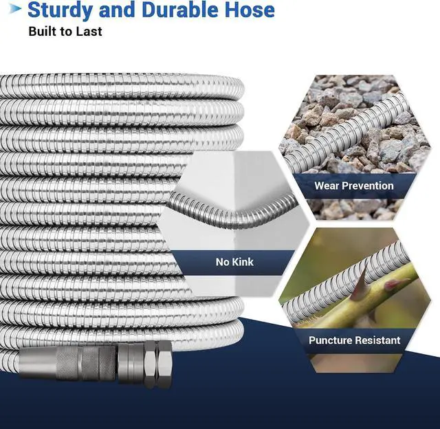 Alt view image 5 of 7 - 50 FT Stainless Steel Garden Hose 304 Steel Heavy Duty Metal Hose, No-Kink, Puncture Resistant, Lightweight, Leak-Proof Swivel Fittings, 8-Pattern Nozzle for Garden, Yard, Outdoor Cleaning
