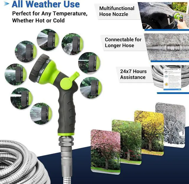 Alt view image 6 of 7 - 50 FT Stainless Steel Garden Hose 304 Steel Heavy Duty Metal Hose, No-Kink, Puncture Resistant, Lightweight, Leak-Proof Swivel Fittings, 8-Pattern Nozzle for Garden, Yard, Outdoor Cleaning