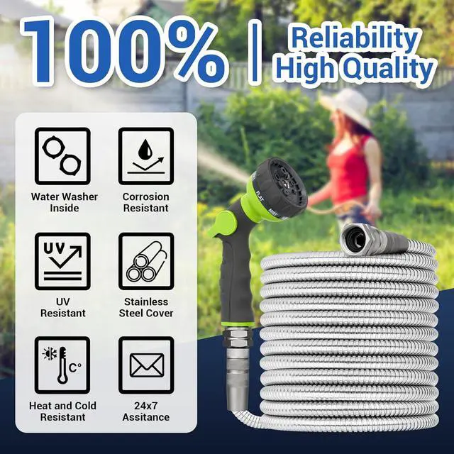 Alt view image 7 of 7 - 50 FT Stainless Steel Garden Hose 304 Steel Heavy Duty Metal Hose, No-Kink, Puncture Resistant, Lightweight, Leak-Proof Swivel Fittings, 8-Pattern Nozzle for Garden, Yard, Outdoor Cleaning