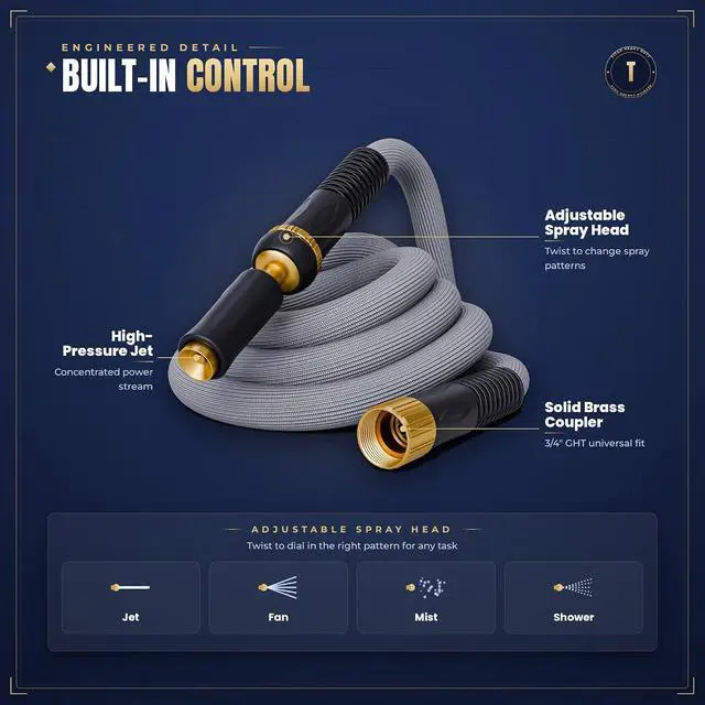Alt view image 6 of 7 - TITAN Garden Hose | Flexible, Lightweight, Kink-Free & Durable Hybrid Water Hose with Heavy Duty Brass Connectors & High-Pressure Jet Nozzle (50FT x 1/2)