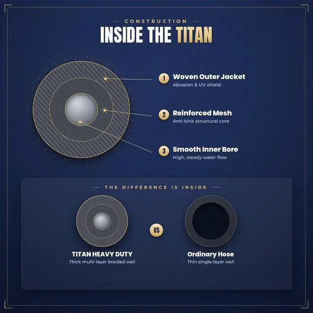 Alt view image 7 of 7 - TITAN Garden Hose | Flexible, Lightweight, Kink-Free & Durable Hybrid Water Hose with Heavy Duty Brass Connectors & High-Pressure Jet Nozzle (50FT x 1/2)