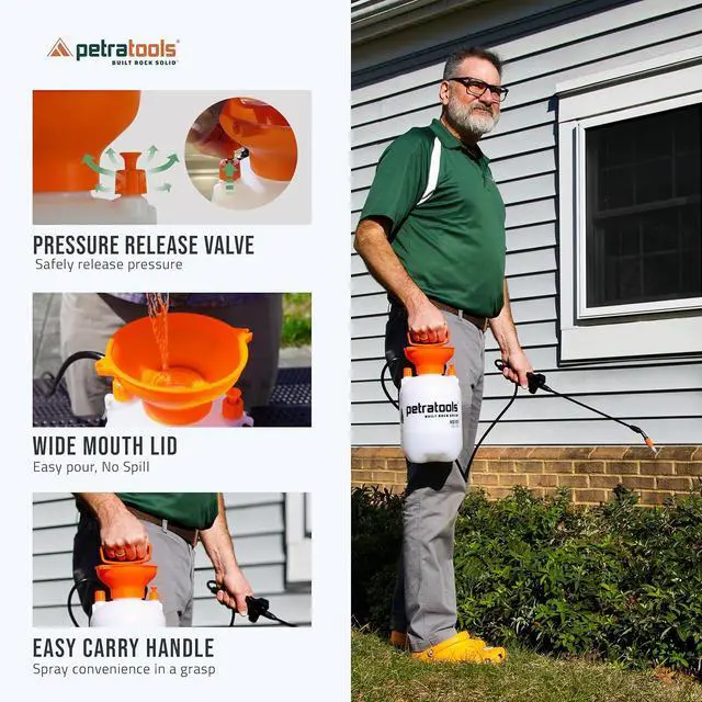Alt view image 4 of 7 - Petratools 1 Gallon Pump Sprayer HD101 Garden Sprayer for Weeds, Lawn Care & Pesticides 52 Long Hose, 2 Nozzles & Easy Carry Handle Durable & Lightweight
