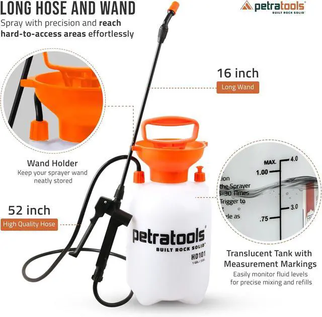 Alt view image 5 of 7 - Petratools 1 Gallon Pump Sprayer HD101 Garden Sprayer for Weeds, Lawn Care & Pesticides 52 Long Hose, 2 Nozzles & Easy Carry Handle Durable & Lightweight