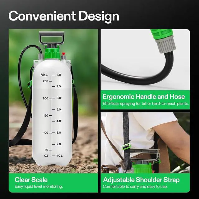 Alt view image 7 of 7 - VIVOSUN 2.1 Gal/8L Pump Sprayer, Garden Water Sprayer for Plants, Weeds & Lawn Care, with 3 Nozzles, 50'' Long Hose & Pressure Relief Valve