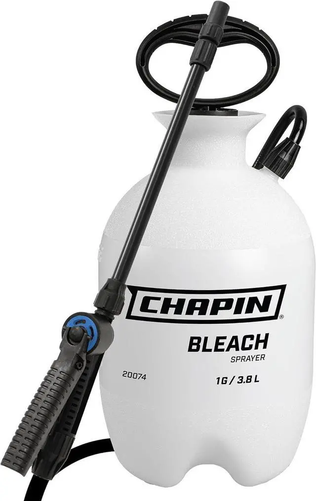 Main image of Chapin 20074: Made in the USA Disinfectant Bleach Sprayer, 1-Gallon, Adjustable Cone Nozzle, Compatible with Bleach Solutions and Fungicides, Bonus Spray Shield, Translucent White