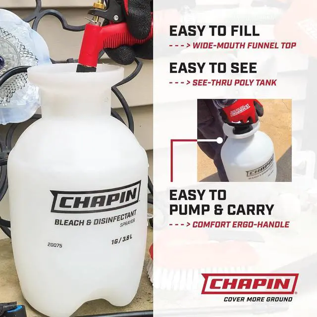 Alt view image 2 of 6 - Chapin 20074: Made in the USA Disinfectant Bleach Sprayer, 1-Gallon, Adjustable Cone Nozzle, Compatible with Bleach Solutions and Fungicides, Bonus Spray Shield, Translucent White