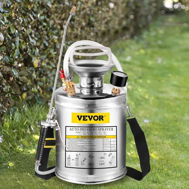 Main image of Happybuy 1 Gallon Stainless Steel Pump Sprayer, 12" Wand & 3FT Reinforced Hose, Pressure Gauge, Safety Valve & Adjustable Nozzle, Garden Weed Sprayer for Lawn, Gardening, Sanitizing