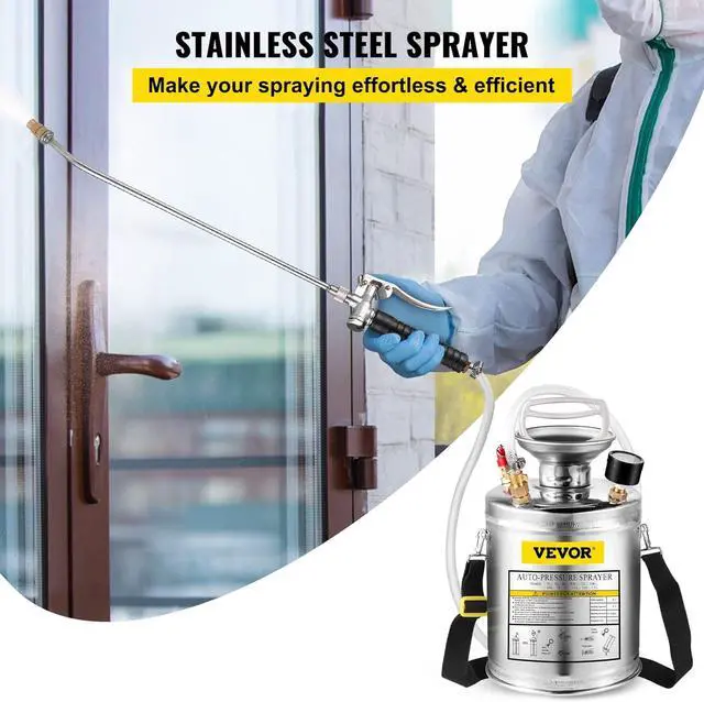 Alt view image 2 of 7 - Happybuy 1 Gallon Stainless Steel Pump Sprayer, 12" Wand & 3FT Reinforced Hose, Pressure Gauge, Safety Valve & Adjustable Nozzle, Garden Weed Sprayer for Lawn, Gardening, Sanitizing