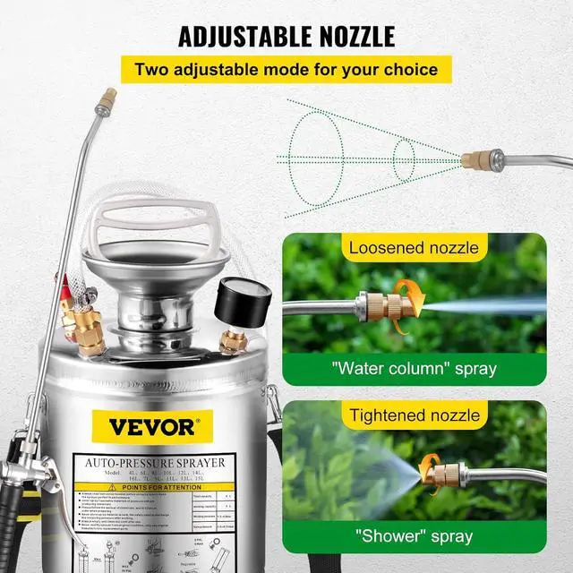 Alt view image 4 of 7 - Happybuy 1 Gallon Stainless Steel Pump Sprayer, 12" Wand & 3FT Reinforced Hose, Pressure Gauge, Safety Valve & Adjustable Nozzle, Garden Weed Sprayer for Lawn, Gardening, Sanitizing