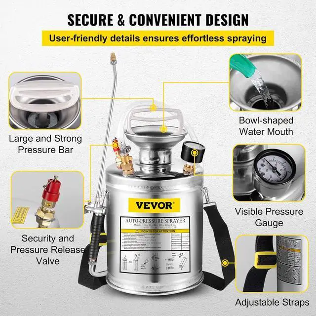 Alt view image 5 of 7 - Happybuy 1 Gallon Stainless Steel Pump Sprayer, 12" Wand & 3FT Reinforced Hose, Pressure Gauge, Safety Valve & Adjustable Nozzle, Garden Weed Sprayer for Lawn, Gardening, Sanitizing