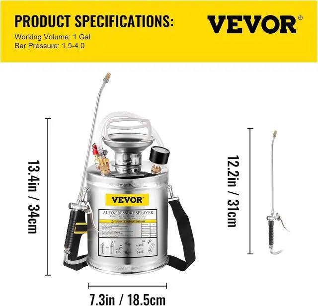 Alt view image 7 of 7 - Happybuy 1 Gallon Stainless Steel Pump Sprayer, 12" Wand & 3FT Reinforced Hose, Pressure Gauge, Safety Valve & Adjustable Nozzle, Garden Weed Sprayer for Lawn, Gardening, Sanitizing