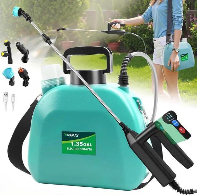 Main image of Battery Powered Sprayer 1.35 Gallon, 2026 Electric Garden Sprayer with 3 Adjustable Speeds, 4 Mist Nozzles, Rechargeable Handle, Retractable Wand with Adjustable Shoulder Strap for Weed Lawn(Green)