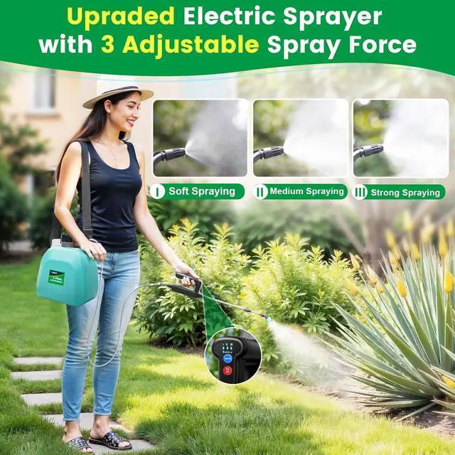 Alt view image 2 of 7 - Battery Powered Sprayer 1.35 Gallon, 2026 Electric Garden Sprayer with 3 Adjustable Speeds, 4 Mist Nozzles, Rechargeable Handle, Retractable Wand with Adjustable Shoulder Strap for Weed Lawn(Green)