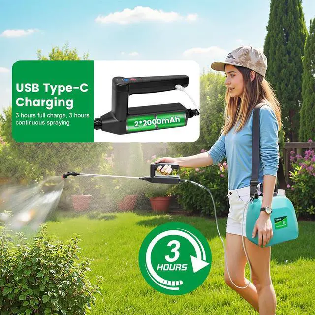 Alt view image 4 of 7 - Battery Powered Sprayer 1.35 Gallon, 2026 Electric Garden Sprayer with 3 Adjustable Speeds, 4 Mist Nozzles, Rechargeable Handle, Retractable Wand with Adjustable Shoulder Strap for Weed Lawn(Green)