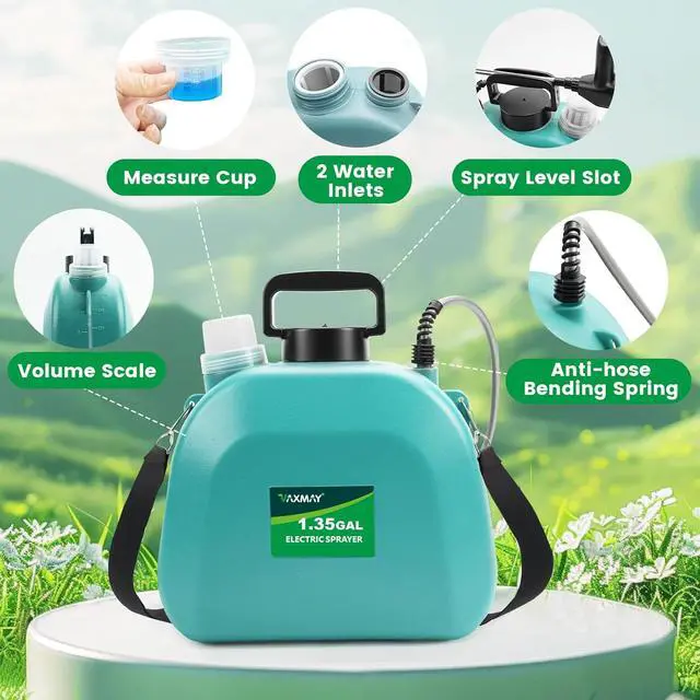 Alt view image 6 of 7 - Battery Powered Sprayer 1.35 Gallon, 2026 Electric Garden Sprayer with 3 Adjustable Speeds, 4 Mist Nozzles, Rechargeable Handle, Retractable Wand with Adjustable Shoulder Strap for Weed Lawn(Green)
