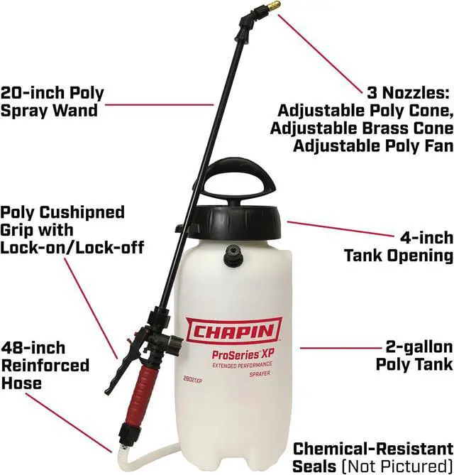 Alt view image 2 of 7 - Chapin 26021XP Made in USA 2-Gallon Heavy-Duty Compression Sprayer for Professional Use, with 3 nozzles -one Brass, Pressure Relief Valve, Comfort Grip Handle, Translucent White