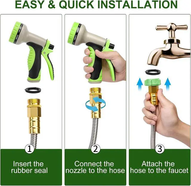 Alt view image 7 of 7 - Metal Garden Hose 100FT, Stainless Steel Heavy Duty Water Hose with 10 Function Nozzle & Brass Nozzle, Sturdy and Lightweight, No Kink & Tangle, Easy to Use & Store, Suitable for Yard and Lawn