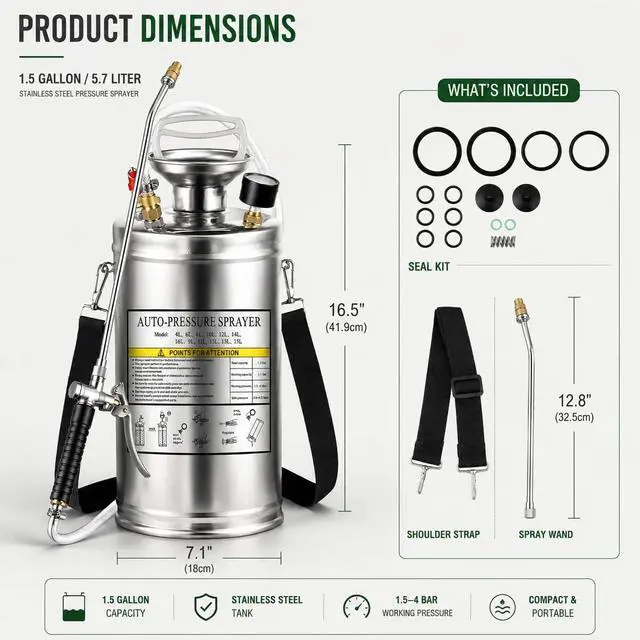 Alt view image 2 of 7 - 1.5Gal Stainless Steel Pump Up Sprayer Reinforced Hose, Hand Pump Sprayer with Pressure Gauge&Safety Valve, Adjustable Nozzle Suitable for Gardening (1.5 Gallon)