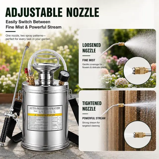 Alt view image 5 of 7 - 1.5Gal Stainless Steel Pump Up Sprayer Reinforced Hose, Hand Pump Sprayer with Pressure Gauge&Safety Valve, Adjustable Nozzle Suitable for Gardening (1.5 Gallon)