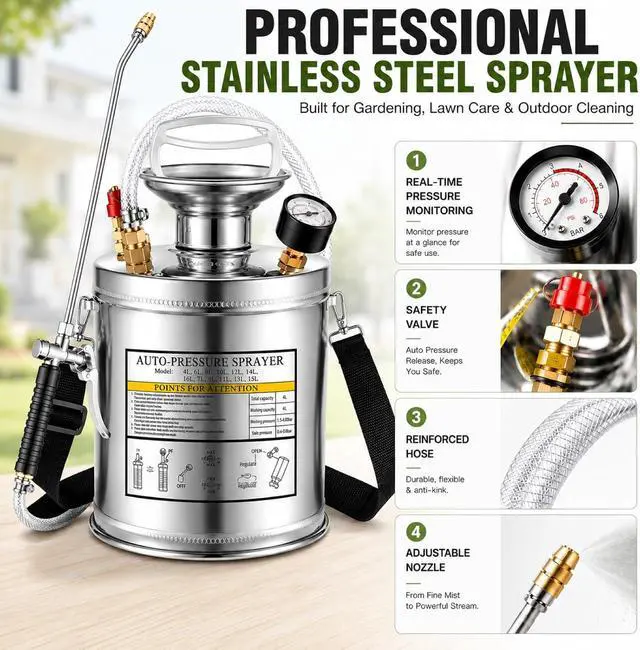 Alt view image 4 of 7 - 1.5Gal Stainless Steel Pump Up Sprayer Reinforced Hose, Hand Pump Sprayer with Pressure Gauge&Safety Valve, Adjustable Nozzle Suitable for Gardening (1.5 Gallon)