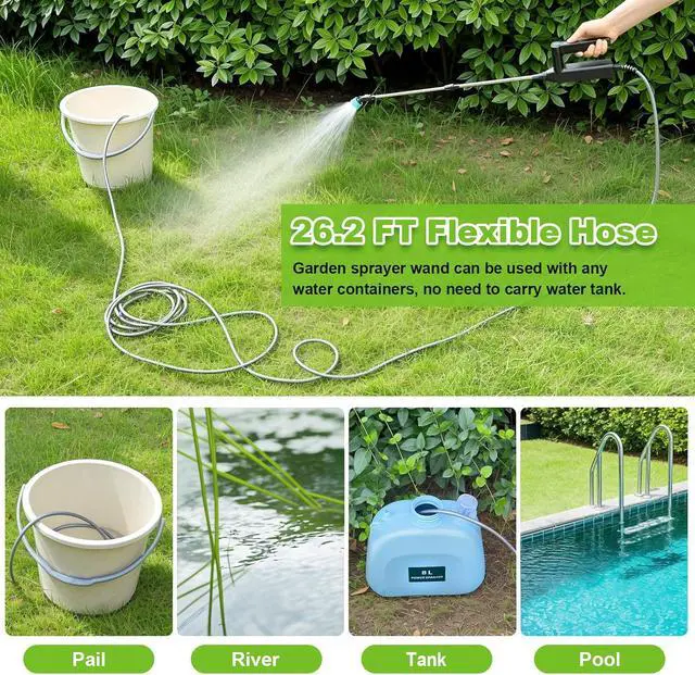 Alt view image 7 of 7 - Battery Powered Sprayer Wand, 32 Inch Garden Sprayer Telescopic Wand with 3 Adjustable Speeds, Battery Indicator, 26.2 FT Hose, 7.4V Rechargeable Water Sprayer Wand with 4 Adjustable Nozzles & Filter