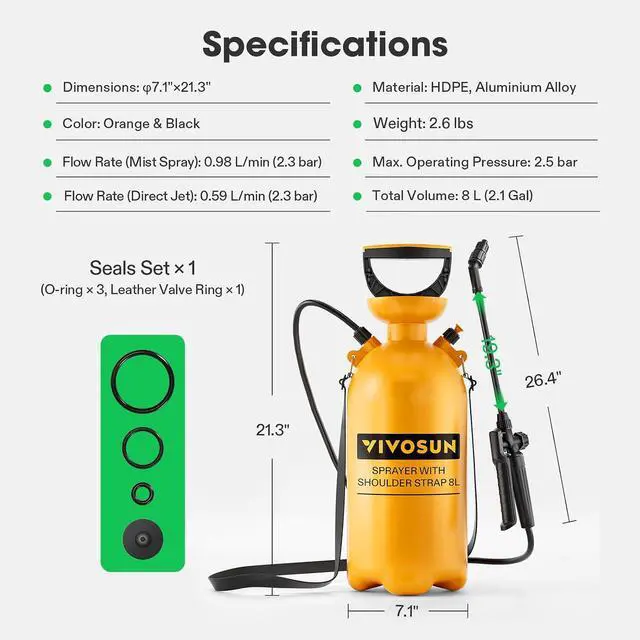 Alt view image 6 of 7 - VIVOSUN 2.1Gal/8L Pump Pressure Sprayer, Pressurized Water Spray Bottle with Adjustable Shoulder Strap, Adjustable Nozzle, Safety Valve & Additional Seals, Ideal for Watering, Fertilizing, Cleaning