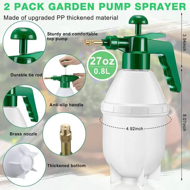 Alt view image 2 of 7 - Ziliny 2 Pcs 27 oz Handheld Pump Spray Bottle Garden Mister Spray Bottles Lawn Pressure Hand Pump Sprayer with Adjustable Nozzle for Chemicals Watering Weeds Plants and Cleaning (Green)