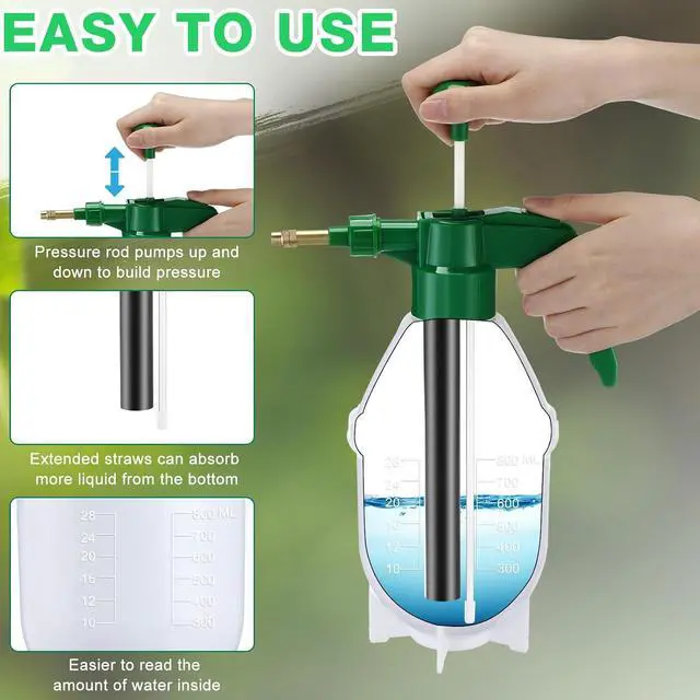 Alt view image 4 of 7 - Ziliny 2 Pcs 27 oz Handheld Pump Spray Bottle Garden Mister Spray Bottles Lawn Pressure Hand Pump Sprayer with Adjustable Nozzle for Chemicals Watering Weeds Plants and Cleaning (Green)
