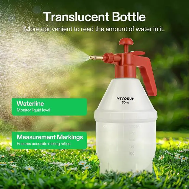 Alt view image 5 of 7 - VIVOSUN 50oz Pump Sprayer, Handheld Garden Water Sprayer Bottle with Adjustable Brass Nozzle, for Spraying Plants, Flowers, Weeds and Cleaning, Red