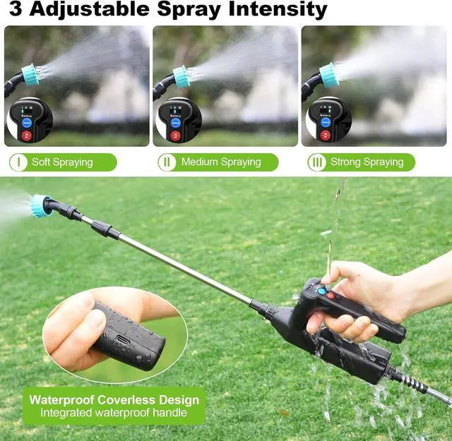Alt view image 3 of 7 - Battery Powered Sprayer Wand, 32 Inch Garden Sprayer Telescopic Wand with 3 Adjustable Speeds, Battery Indicator, 26.2 FT Hose, 7.4V Rechargeable Water Sprayer Wand with 4 Adjustable Nozzles & Filter