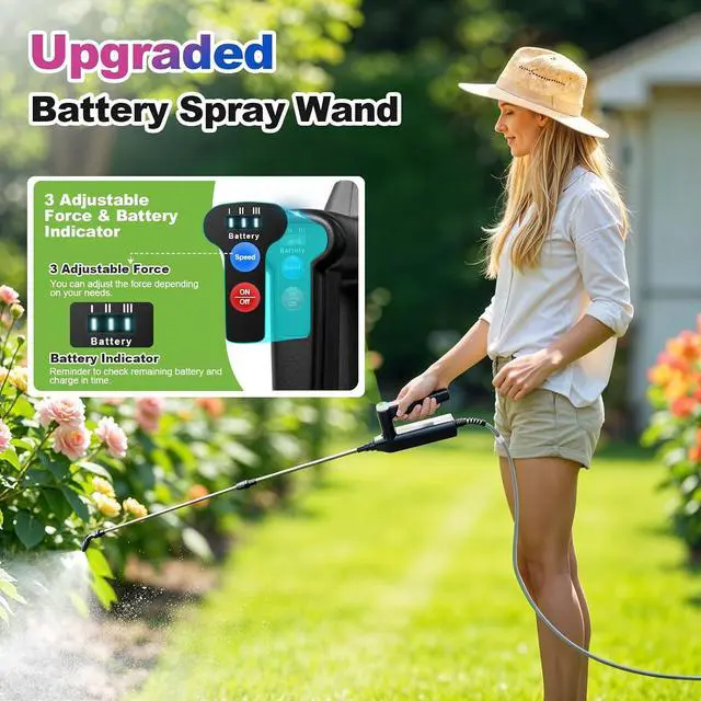 Alt view image 2 of 7 - Battery Powered Sprayer Wand, 32 Inch Garden Sprayer Telescopic Wand with 3 Adjustable Speeds, Battery Indicator, 26.2 FT Hose, 7.4V Rechargeable Water Sprayer Wand with 4 Adjustable Nozzles & Filter