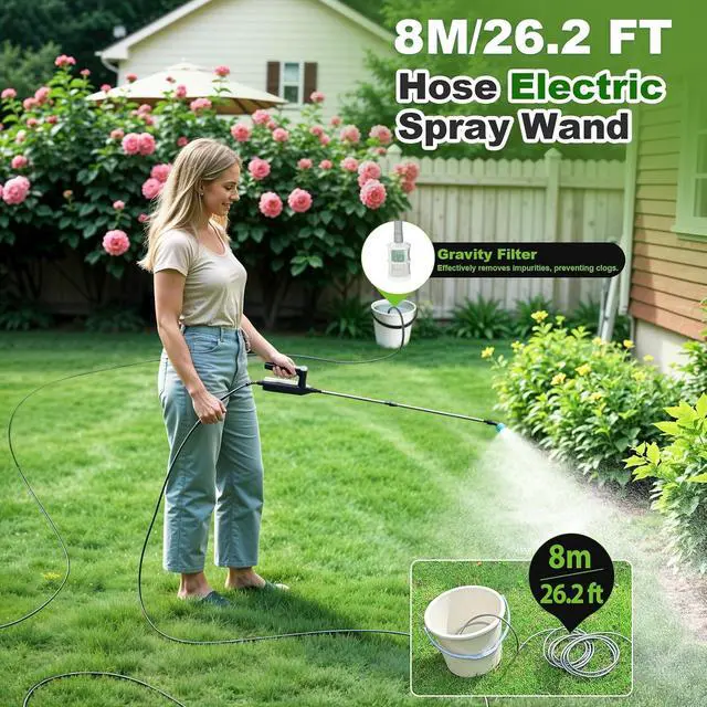 Alt view image 4 of 7 - Battery Powered Sprayer Wand, 32 Inch Garden Sprayer Telescopic Wand with 3 Adjustable Speeds, Battery Indicator, 26.2 FT Hose, 7.4V Rechargeable Water Sprayer Wand with 4 Adjustable Nozzles & Filter