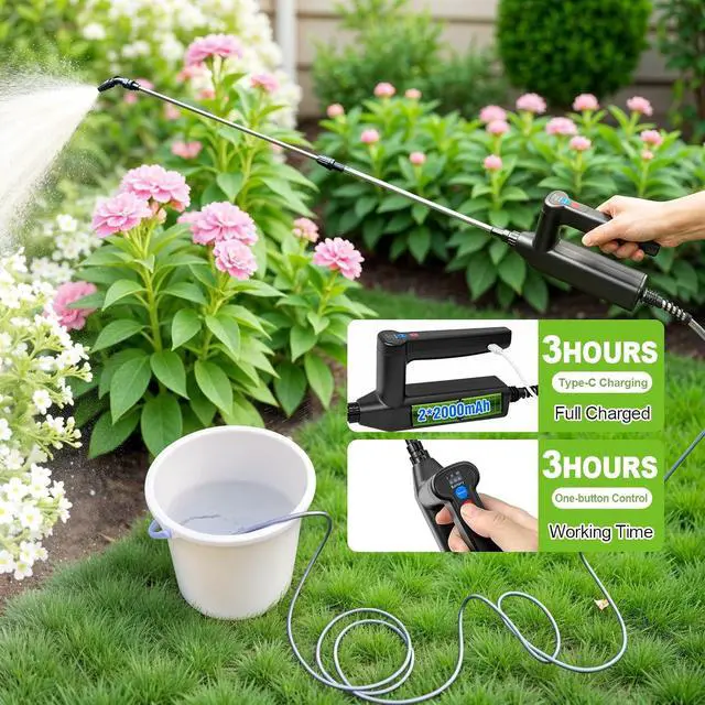 Alt view image 5 of 7 - Battery Powered Sprayer Wand, 32 Inch Garden Sprayer Telescopic Wand with 3 Adjustable Speeds, Battery Indicator, 26.2 FT Hose, 7.4V Rechargeable Water Sprayer Wand with 4 Adjustable Nozzles & Filter