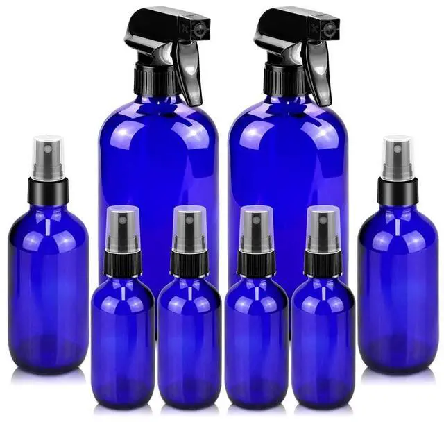 Main image of Worldgsb Glass Spray Bottles, 16oz*2+4oz*2+2oz*4 Refillable Containers, Empty Boston Round Bottles with Adjustable Nozzle for Cleaning, Gardening, Aromatherapy, Pets, Plant, Hair - Blue