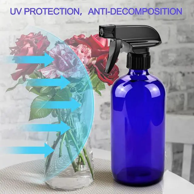 Alt view image 3 of 7 - Worldgsb Glass Spray Bottles, 16oz*2+4oz*2+2oz*4 Refillable Containers, Empty Boston Round Bottles with Adjustable Nozzle for Cleaning, Gardening, Aromatherapy, Pets, Plant, Hair - Blue