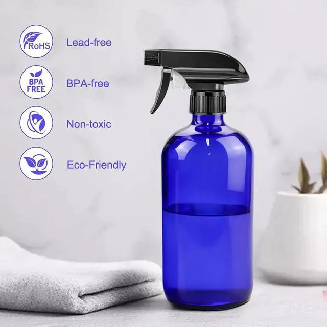 Alt view image 4 of 7 - Worldgsb Glass Spray Bottles, 16oz*2+4oz*2+2oz*4 Refillable Containers, Empty Boston Round Bottles with Adjustable Nozzle for Cleaning, Gardening, Aromatherapy, Pets, Plant, Hair - Blue