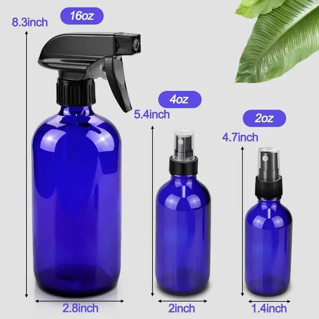 Alt view image 5 of 7 - Worldgsb Glass Spray Bottles, 16oz*2+4oz*2+2oz*4 Refillable Containers, Empty Boston Round Bottles with Adjustable Nozzle for Cleaning, Gardening, Aromatherapy, Pets, Plant, Hair - Blue