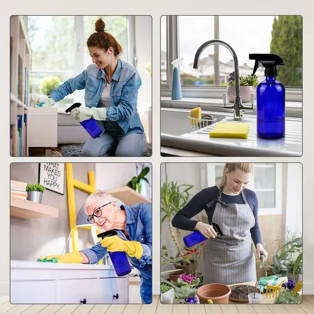 Alt view image 7 of 7 - Worldgsb Glass Spray Bottles, 16oz*2+4oz*2+2oz*4 Refillable Containers, Empty Boston Round Bottles with Adjustable Nozzle for Cleaning, Gardening, Aromatherapy, Pets, Plant, Hair - Blue