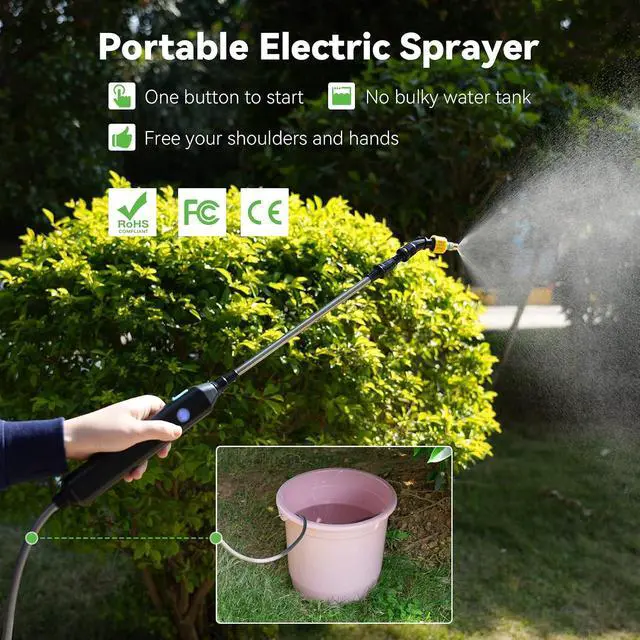 Alt view image 3 of 7 - TOOVEM Electric Garden Sprayer, Portable Battery Powered Watering Wand, Rechargeable Plant Spray Mister with Telescopic Wand, 3 Adjustable Nozzles and 10ft Water Hose for Yard Lawn Weeds Plants