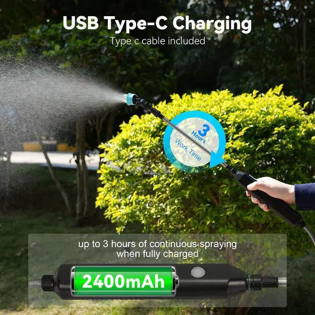 Alt view image 6 of 7 - TOOVEM Electric Garden Sprayer, Portable Battery Powered Watering Wand, Rechargeable Plant Spray Mister with Telescopic Wand, 3 Adjustable Nozzles and 10ft Water Hose for Yard Lawn Weeds Plants