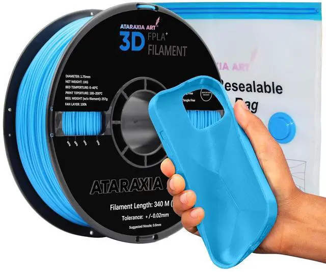 Main image of ATARAXIA ART Flexible PLA Filament 1.75mm, 3D Printer Filaments 1Kg/2.2lb Spool, Easy Than TPU Extruder,89A Shore Hardness,Patent Formula, Accuracy +/-.03mm, with Filament Storage Bags, FPLA Sky Blue