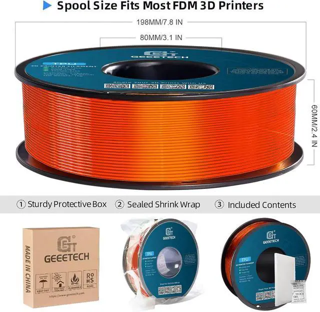 Alt view image 7 of 7 - Geeetech TPU Filament 1.75mm, Shore 95A Flexible 3D Printer Filament with High Elasticity, 1KG (2.2lbs) Spool, Dimensional Accuracy ±0.03mm, Fits Most FDM Printersl, Clear Orange